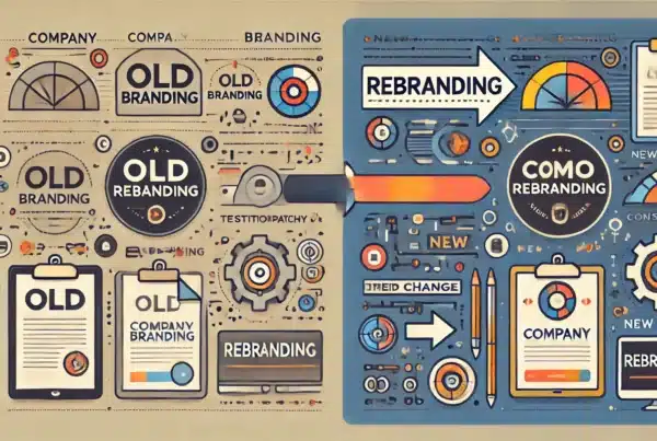 Monkey Vision - DALL·E 2024 06 26 16.14.20 An illustration of a company rebranding. On the left side show the old branding with a dated logo traditional typography and muted colors. On the r
